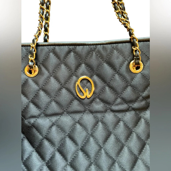 Vintage St. John Womens Black Canvas Quilted Tote Chain Strap - Picture 4 of 16